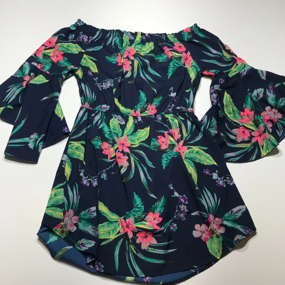 Hint Of Blush Dress Womens Off Shoulder Blue Floral Tunic Flared Cuffs